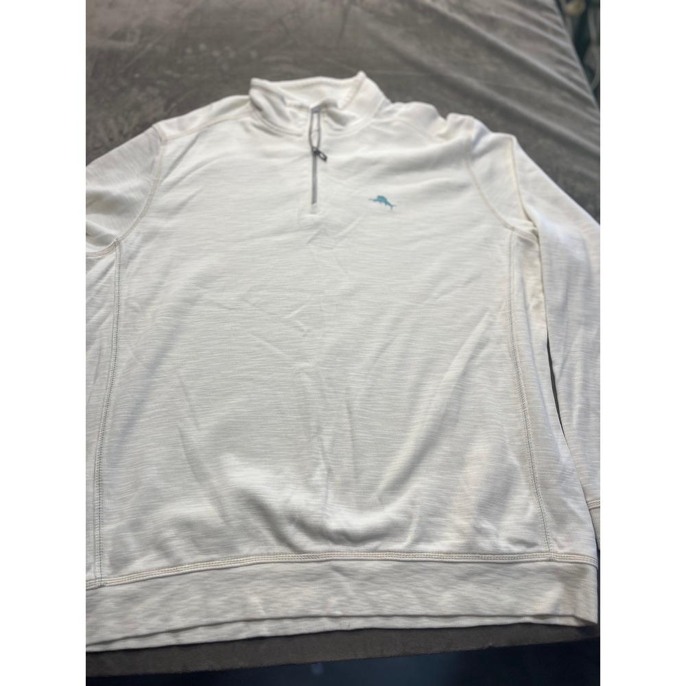 Tommy Bahama Mens 2XLT White Slub Knit Quarter Zip Pullover Marlin Logo Sweater